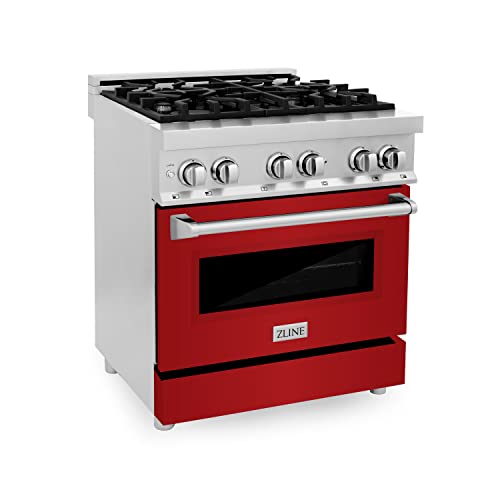 Z Line Kitchen and Bath RA-RG-30|LA 30" 4.0 cu. ft. Dual Fuel Range with Gas Stove and Electric Oven in Stainless Steel and Red Gloss Door RA-RG-30