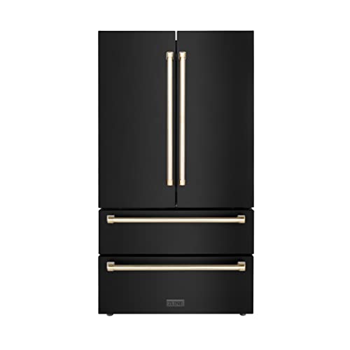 Z LINE Kitchen and Bath RFMZ-36-BS-G 36" Autograph Edition 22.5 cu. ft Freestanding French Door Refrigerator with Ice Maker in Fingerprint Resistant Black Stainless Steel with Gold Accents RFMZ-36-BS-G