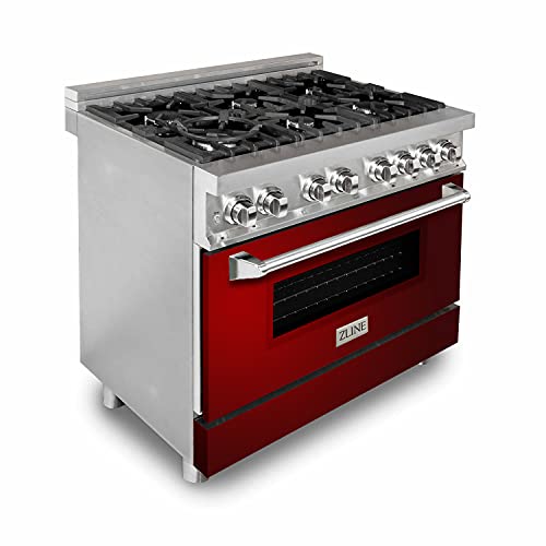 Z Line Kitchen and Bath RA-RG-36|LA 36" 4.6 cu. ft. Dual Fuel Range with Gas Stove and Electric Oven with Color Door Options RA36 Red Gloss