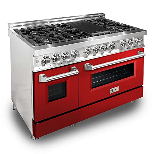 Z Line Kitchen and Bath RA-RG-48|LA 48" 6.0 cu. ft. Dual Fuel Range with Gas Stove and Electric Oven with Color Options RA48 Gloss Red