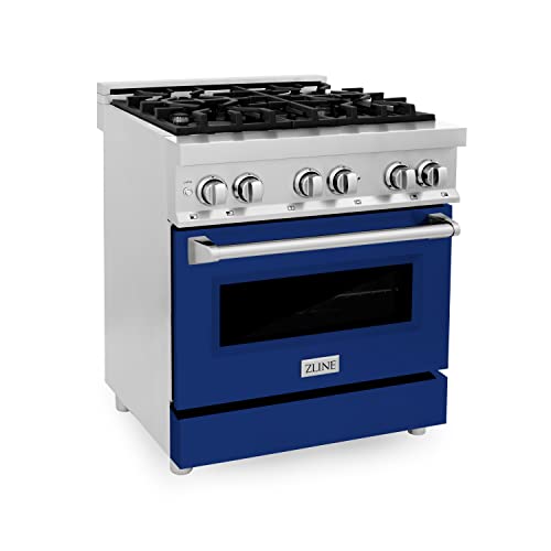 Z Line Kitchen and Bath RA-BG-30|LA 30" 4.0 cu. ft. Dual Fuel Range with Gas Stove and Electric Oven in Stainless Steel and Blue Gloss Door RA-BG-30
