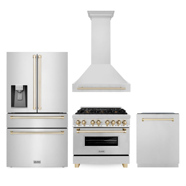 ZLINE KITCHEN AND BATH 4AKPRRARHDWM36G ZLINE 36" Autograph Edition Kitchen Package with Stainless Steel Dual Fuel Range, Range Hood, Dishwasher and Refrigeration with Gold Accents