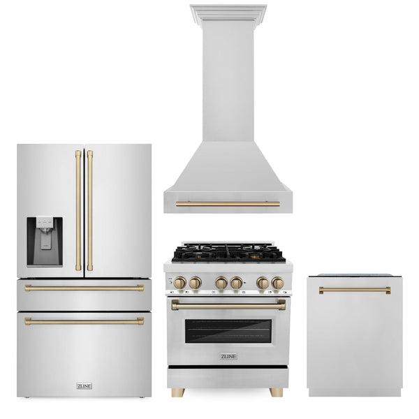 ZLINE KITCHEN AND BATH 4AKPRRARHDWM30CB ZLINE 30" Autograph Edition Kitchen Package with Stainless Steel Dual Fuel Range, Range Hood, Dishwasher and Refrigeration with Champagne Bronze Accents