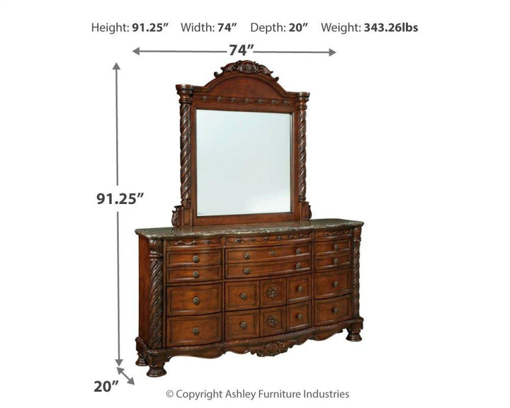 ASHLEY FURNITURE PKG005759 California King Poster Bed With Canopy With Mirrored Dresser and Chest
