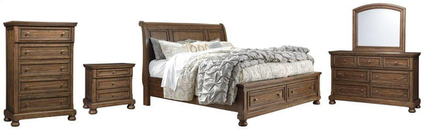ASHLEY FURNITURE PKG006385 California King Sleigh Bed With 2 Storage Drawers With Mirrored Dresser, Chest and Nightstand