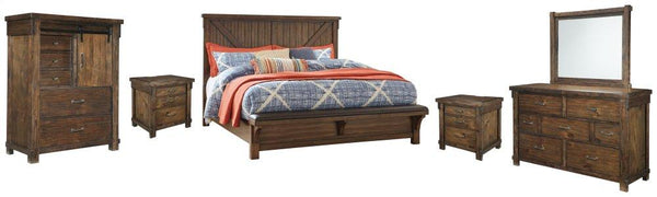 ASHLEY FURNITURE PKG006386 King Panel Bed With Upholstered Bench With Mirrored Dresser, Chest and 2 Nightstands