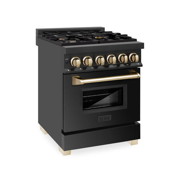 ZLINE KITCHEN AND BATH RABZ24G ZLINE Autograph Edition 24" 2.8 cu. ft. Dual Fuel Range with Gas Stove and Electric Oven in Black Stainless Steel with Champagne Bronze Accents Color: Gold