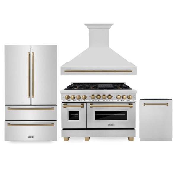 ZLINE KITCHEN AND BATH 4AKPRRGRHDWM48CB ZLINE 48" Autograph Edition Kitchen Package with Stainless Steel Gas Range, Range Hood, Dishwasher and Refrigeration with Champagne Bronze Accents