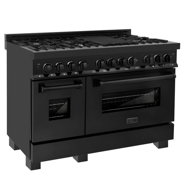 ZLINE KITCHEN AND BATH RAB48 ZLINE 48" 6.0 cu. ft. Dual Fuel Range with Gas Stove and Electric Oven in Black Stainless Steel with Brass Burners