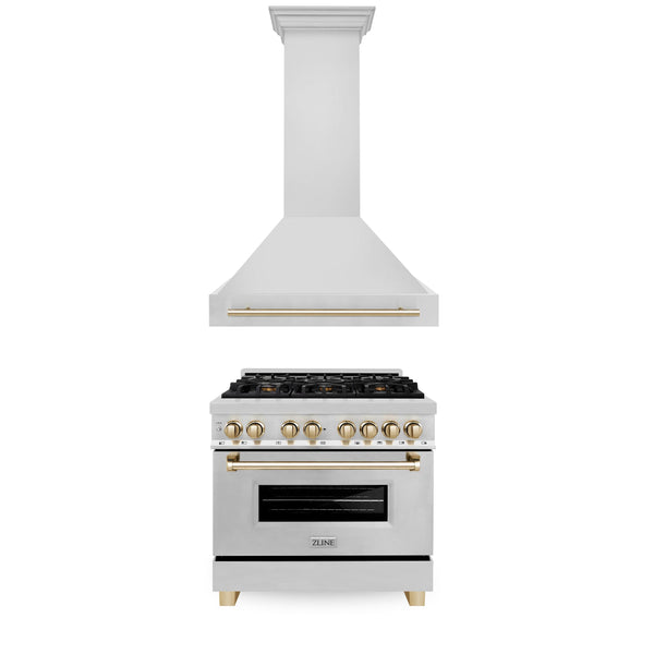 ZLINE KITCHEN AND BATH 2AKPRARH36G ZLINE 36" Autograph Edition Kitchen Package with Stainless Steel Dual Fuel Range and Range Hood with Gold Accents