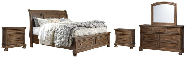 ASHLEY FURNITURE PKG006383 California King Sleigh Bed With 2 Storage Drawers With Mirrored Dresser and 2 Nightstands