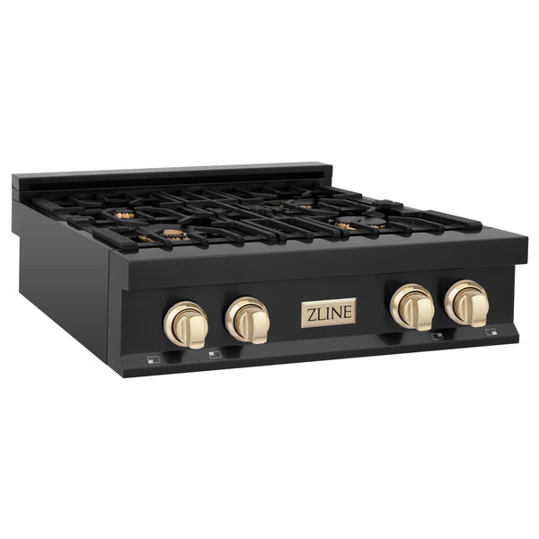 ZLINE KITCHEN AND BATH RTBZ30G ZLINE Autograph Edition 30" Porcelain Rangetop with 4 Gas Burners in Black Stainless Steel and Accents Accent: Gold