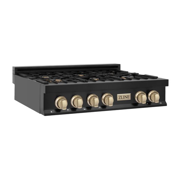 ZLINE KITCHEN AND BATH RTBZ36G ZLINE Autograph Edition 36" Porcelain Rangetop with 6 Gas Burners in Black Stainless Steel with Accents Accent: Gold