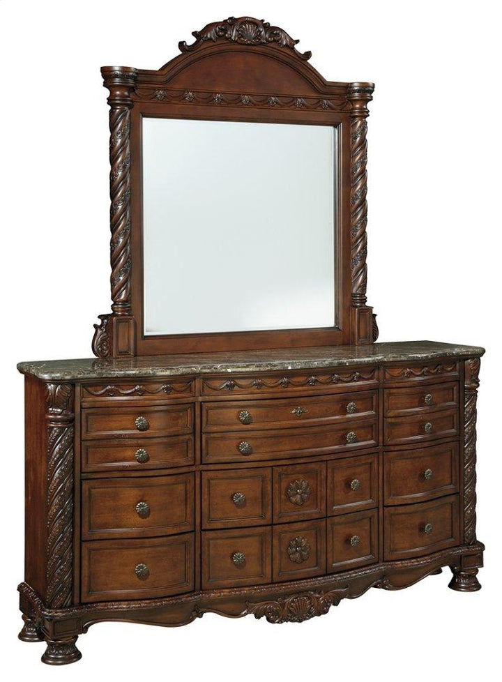 ASHLEY FURNITURE PKG005796 King Poster Bed With Canopy With Mirrored Dresser, Chest and Nightstand