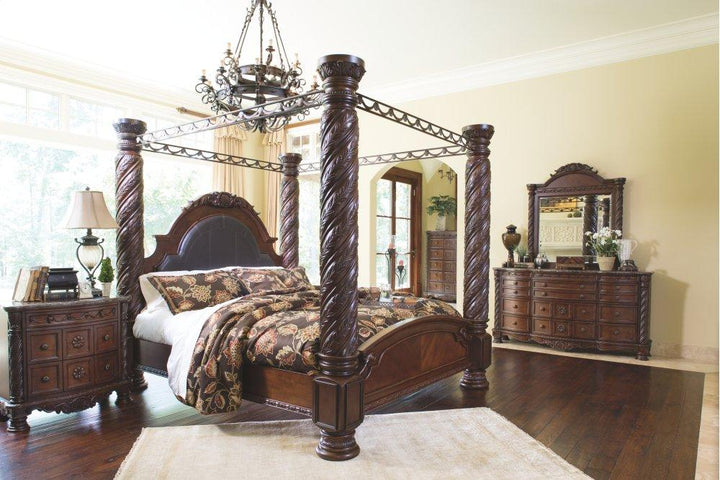 ASHLEY FURNITURE PKG005796 King Poster Bed With Canopy With Mirrored Dresser, Chest and Nightstand