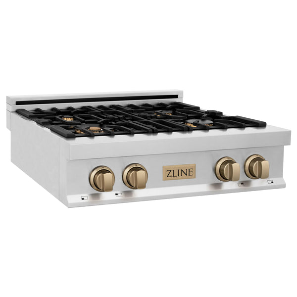 ZLINE KITCHEN AND BATH RTZ30CB ZLINE Autograph Edition 30" Porcelain Rangetop with 4 Gas Burners in Stainless Steel with Accents Accent: Champagne Bronze