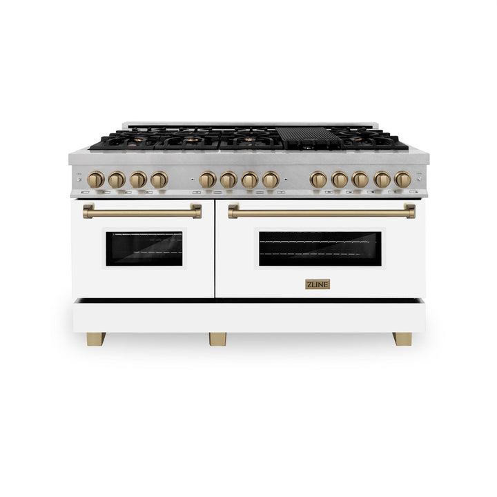 ZLINE KITCHEN AND BATH RASZWM60CB ZLINE Autograph Edition 60" 7.4 cu. ft. Dual Fuel Range with Gas Stove and Electric Oven in DuraSnow R Stainless Steel with White Matte Door and Accents Color: Champagne Bronze