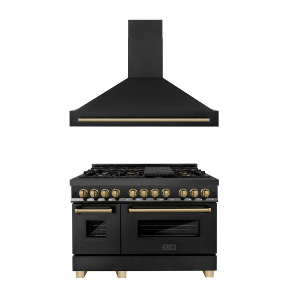 ZLINE KITCHEN AND BATH 2AKPRABRH48CB ZLINE 48" Autograph Edition Kitchen Package with Black Stainless Steel Dual Fuel Range and Range Hood with Champagne Bronze Accents