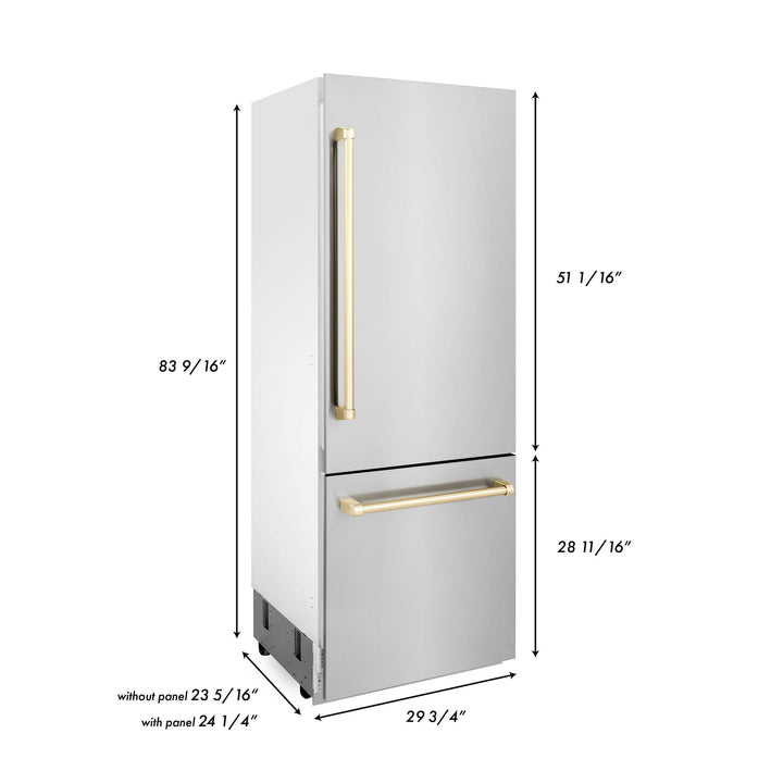 ZLINE KITCHEN AND BATH RBIVZ30430G ZLINE 30" Autograph Edition 16.1 cu. ft. Built-in 2-Door Bottom Freezer Refrigerator with Internal Water and Ice Dispenser in Stainless Steel with Gold Accents