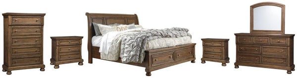 ASHLEY FURNITURE PKG006387 California King Sleigh Bed With 2 Storage Drawers With Mirrored Dresser, Chest and 2 Nightstands
