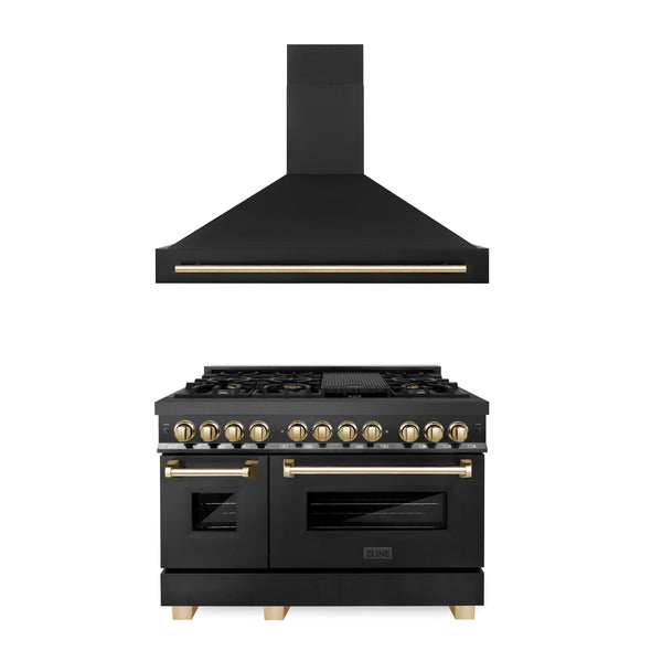 ZLINE KITCHEN AND BATH 2AKPRABRH48G ZLINE 48" Autograph Edition Kitchen Package with Black Stainless Steel Dual Fuel Range and Range Hood with Gold Accents