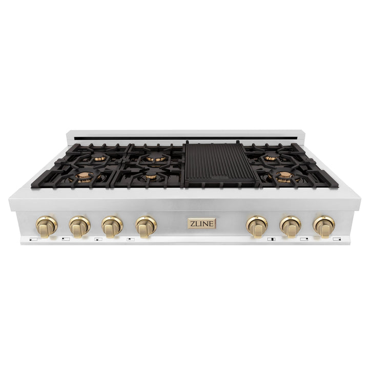 ZLINE KITCHEN AND BATH RTZ48CB ZLINE Autograph Edition 48" Porcelain Rangetop with 7 Gas Burners in Stainless Steel with Accents Color: Champagne Bronze