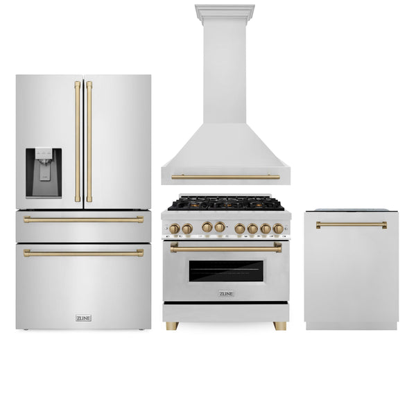 ZLINE KITCHEN AND BATH 4AKPRRGRHDWM36CB ZLINE 36" Autograph Edition Kitchen Package with Stainless Steel Gas Range, Range Hood, Dishwasher and Refrigeration with Champagne Bronze Accents