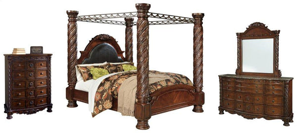 ASHLEY FURNITURE PKG005759 California King Poster Bed With Canopy With Mirrored Dresser and Chest
