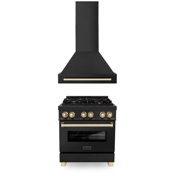 ZLINE KITCHEN AND BATH 2AKPRABRH30G ZLINE 30" Autograph Edition Kitchen Package with Black Stainless Steel Dual Fuel Range and Range Hood with Gold Accents