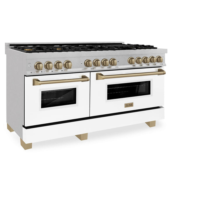 ZLINE KITCHEN AND BATH RASZWM60CB ZLINE Autograph Edition 60" 7.4 cu. ft. Dual Fuel Range with Gas Stove and Electric Oven in DuraSnow R Stainless Steel with White Matte Door and Accents Color: Champagne Bronze