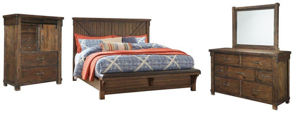 ASHLEY FURNITURE PKG006379 King Panel Bed With Upholstered Bench With Mirrored Dresser and Chest
