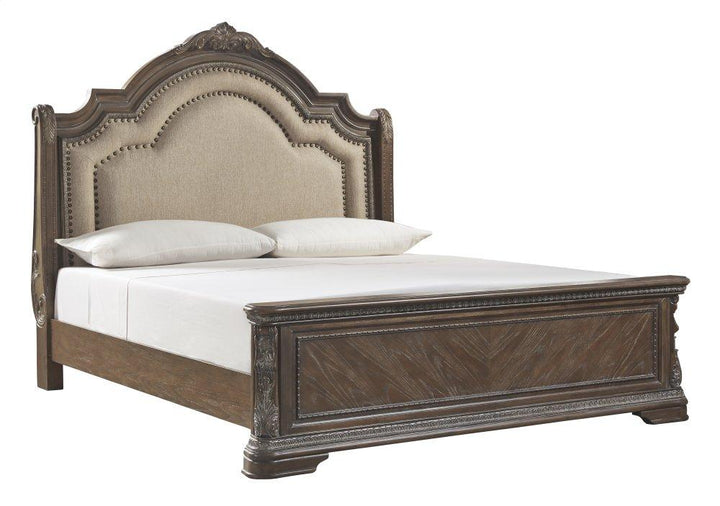 ASHLEY FURNITURE PKG007110 King Upholstered Sleigh Bed With Mirrored Dresser, Chest and 2 Nightstands