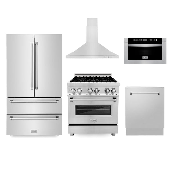 ZLINE KITCHEN AND BATH 5KPRRARH30MWDWV ZLINE Kitchen Package with Refrigeration, 30" Stainless Steel Dual Fuel Range, 30" Convertible Vent Range Hood, 24" Microwave Drawer, and 24" Tall Tub Dishwasher