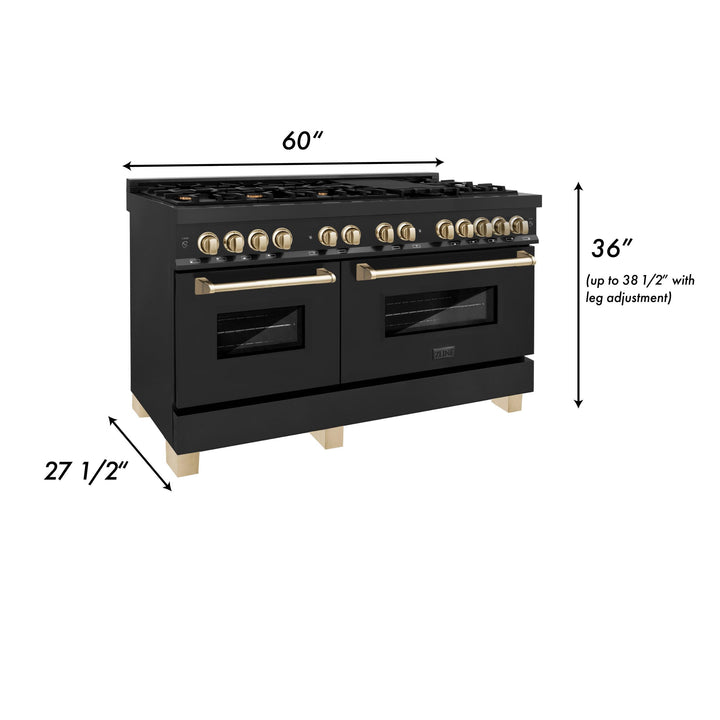 ZLINE KITCHEN AND BATH RABZ60G ZLINE Autograph Edition 60" 7.4 cu. ft. Dual Fuel Range with Gas Stove and Electric Oven in Black Stainless Steel with Accents Color: Gold