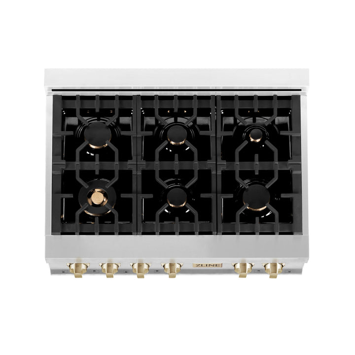 ZLINE KITCHEN AND BATH RTZ36G ZLINE Autograph Edition 36" Porcelain Rangetop with 6 Gas Burners in Stainless Steel with Accents Color: Gold