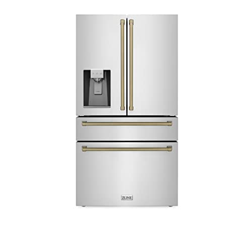 Z Line Kitchen and Bath RFMZ-W-36-CB|LA 36" Autograph Edition 21.6 cu. ft Freestanding French Door Refrigerator with Water and Ice Dispenser in Fingerprint Resistant Stainless Steel with Champagne Bronze Accents RFMZ-W-36-CB