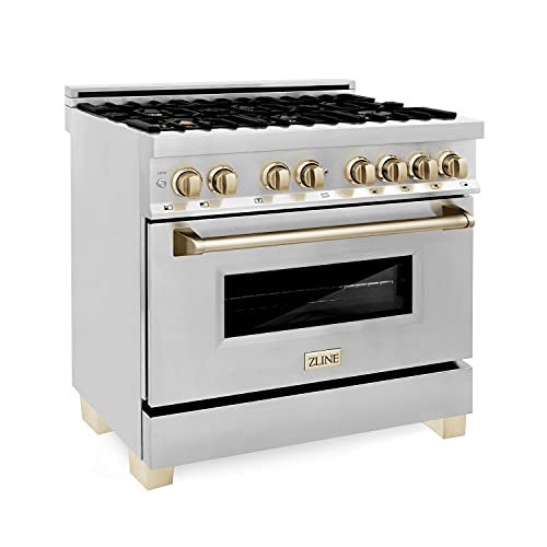 Z Line Kitchen and Bath RAZ-36-G|LA Autograph Edition 36" 4.6 cu. ft. Dual Fuel Range with Gas Stove and Electric Oven in Stainless Steel with Gold Accents RAZ-36-G