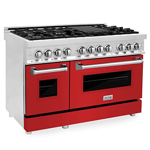 Z Line Kitchen and Bath RAS-RM-48|LA 48 in. Professional Dual Fuel Range in Snow Stainless with Red Matte Door RAS-RM-48