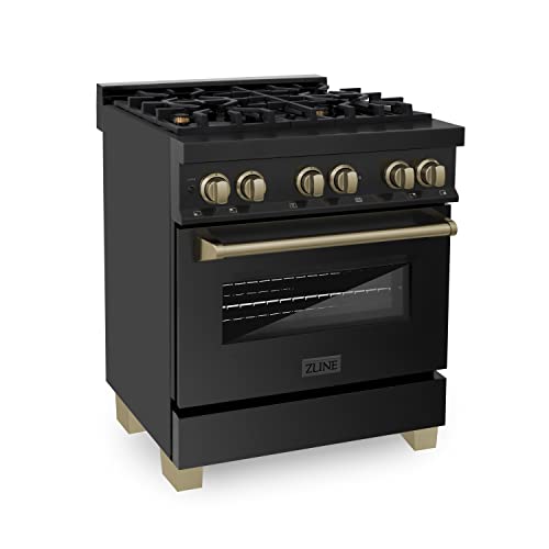 Z Line Kitchen and Bath RABZ-30|LA Autograph Edition 30" 4.0 cu. ft. Dual Fuel Range with Gas Stove and Electric Oven in Black Stainless Steel with Champagne Bronze Accents RABZ-30-CB