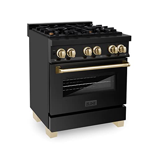 Z Line Kitchen and Bath RABZ-30-G|LA Autograph Edition 30" 4.0 cu. ft. Dual Fuel Range with Gas Stove and Electric Oven in Black Stainless Steel with Gold Accents RABZ-30-G