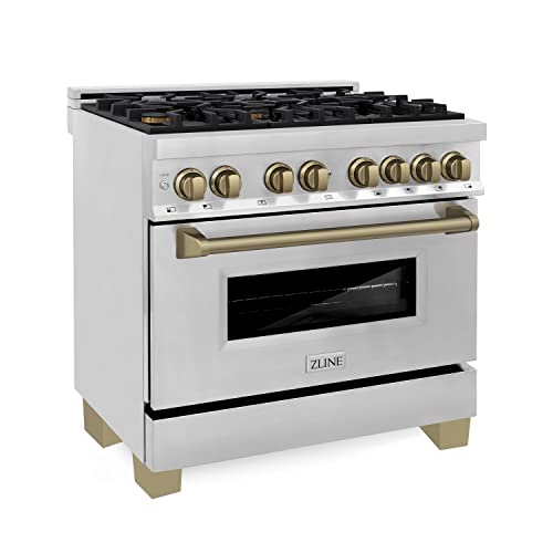 Z Line Kitchen and Bath RAZ-36-CB|LA Autograph Edition 36" 4.6 cu. ft. Dual Fuel Range with Gas Stove and Electric Oven in Stainless Steel with Champagne Bronze Accents RAZ-36-CB
