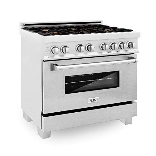 Z Line Kitchen and Bath RAS-SN-36|LA 36" 4.6 cu. ft. Dual Fuel Range with Gas Stove and Electric Oven in DuraSnow® with Color Options RAS-SN-36 DuraSnow with Brass Burners
