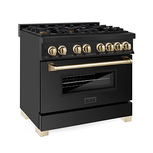 Z Line Kitchen and Bath RABZ-36-G|LA Autograph Edition 36" 4.6 cu. ft. Dual Fuel Range with Gas Stove and Electric Oven in Black Stainless Steel with Gold Accents RABZ-36-G