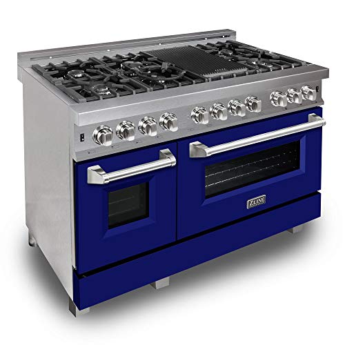 Z Line Kitchen and Bath RAS-BM-48|LA 48 in. Professional Dual Fuel Range in Snow Stainless with Blue Matte Door RAS-BM-48