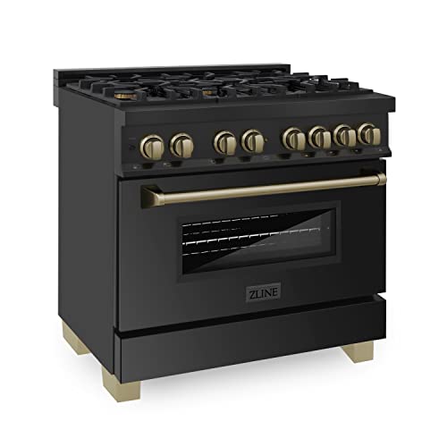 Z Line Kitchen and Bath RABZ-36|LA Autograph Edition 36" 4.6 cu. ft. Dual Fuel Range with Gas Stove and Electric Oven in Black Stainless Steel with Champagne Bronze Accents RABZ-36-CB