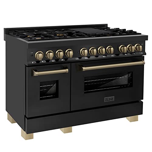 Z Line Kitchen and Bath RABZ-48-CB|LA Autograph Edition 48" 6.0 cu. ft. Dual Fuel Range with Gas Stove and Electric Oven in Black Stainless Steel with Champagne Bronze Accents RABZ-48-CB