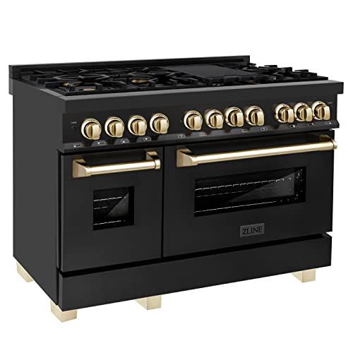 Z Line Kitchen and Bath RABZ-48-G|LA Autograph Edition 48" 6.0 cu. ft. Dual Fuel Range with Gas Stove and Electric Oven in Black Stainless Steel with Gold Accents RABZ-48-G