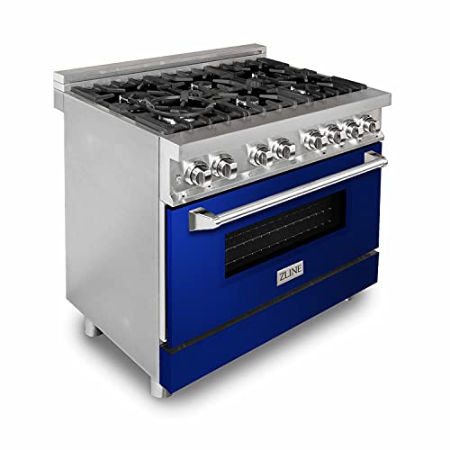 Z Line Kitchen and Bath RA-BG-36|LA 36" 4.6 cu. ft. Dual Fuel Range with Gas Stove and Electric Oven with Color Door Options RA36 Blue Gloss