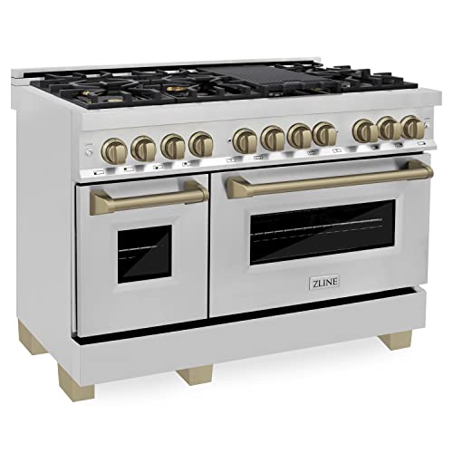 Z Line Kitchen and Bath RAZ-48-CB|LA Autograph Edition 48" 6.0 cu. ft. Dual Fuel Range with Gas Stove and Electric Oven in Stainless Steel with Champagne Bronze Accents RAZ-48-CB