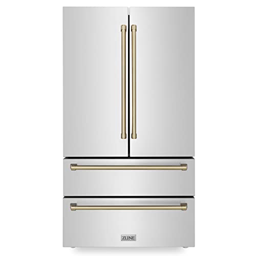 Z Line Kitchen and Bath RFMZ-36-CB|LA 36" Autograph Edition 22.5 cu. ft Freestanding French Door Refrigerator with Ice Maker in Fingerprint Resistant Stainless Steel with Champagne Bronze Accents RFMZ-36-CB